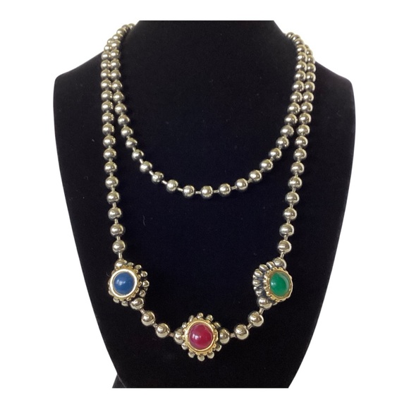 Gripoix Style Silver Tone Bead Ball Chain Multicolor 3 Ball Pendant 18" Necklace - Picture 5 of 16